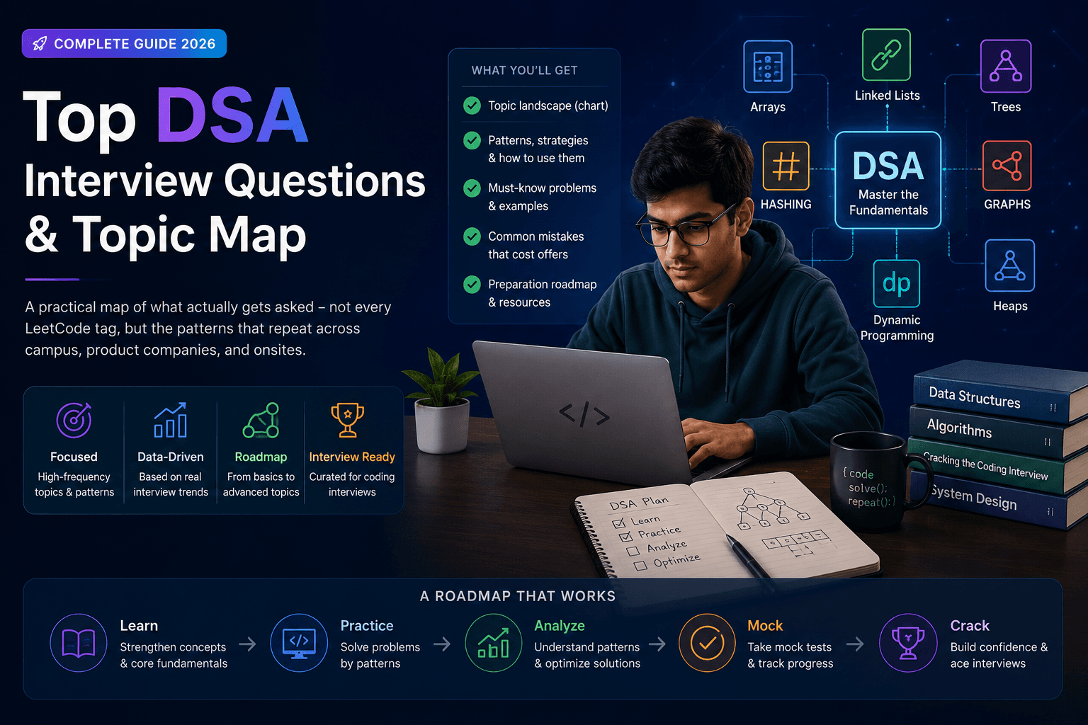 Top DSA interview questions and topic map — arrays, hashing, trees, graphs, dynamic programming, and preparation roadmap for coding interviews in India