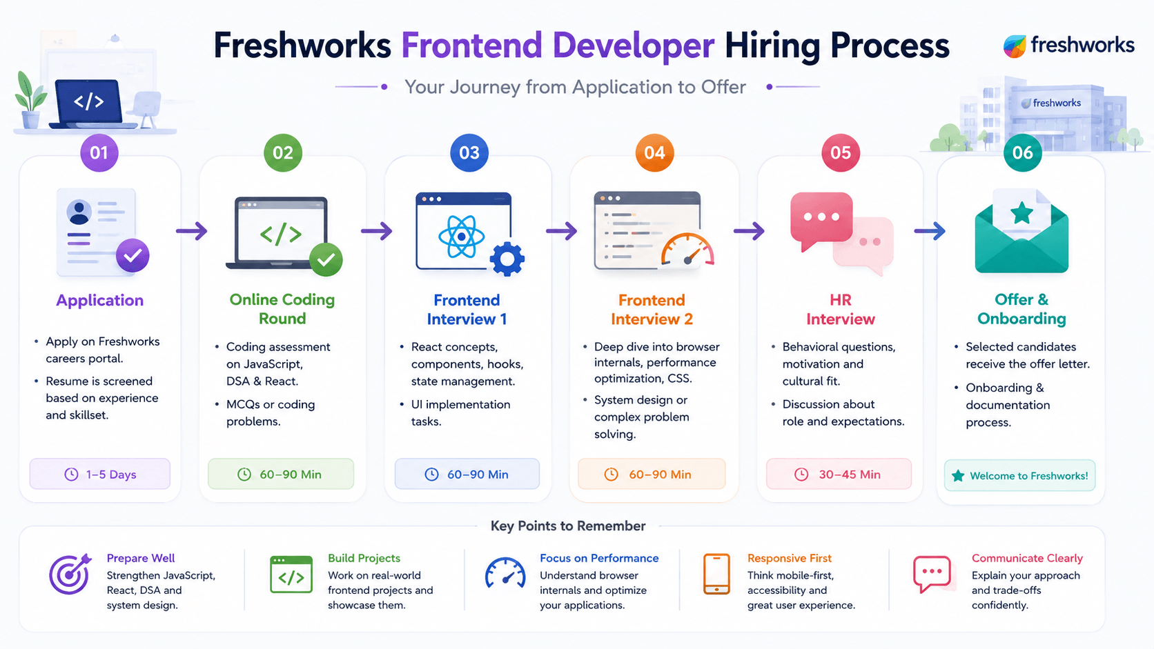 Freshworks Frontend Developer hiring process flow 2026: Application, Online Coding, Frontend Round 1, Frontend Round 2, HR Interview, and Offer