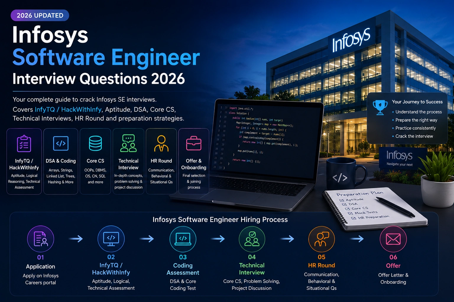 Infosys Software Engineer interview preparation guide — InfyTQ, HackWithInfy, aptitude, DSA, technical interview, HR round, and offer journey