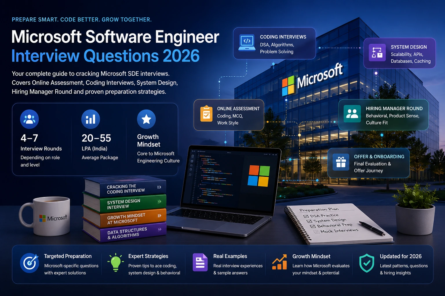 Microsoft Software Engineer interview preparation guide with top 10 curated questions — Online Assessment, Coding Interviews, System Design, Hiring Manager Round, and Growth Mindset culture
