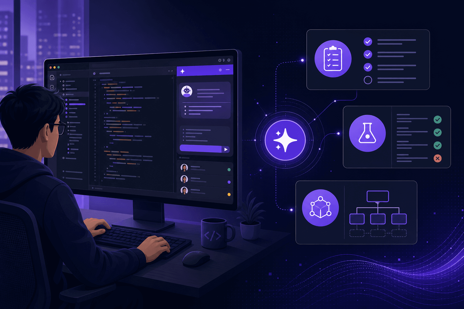 Agentic AI interview round 2026 — engineer collaborating with AI coding assistant in IDE, technical interview preparation guide