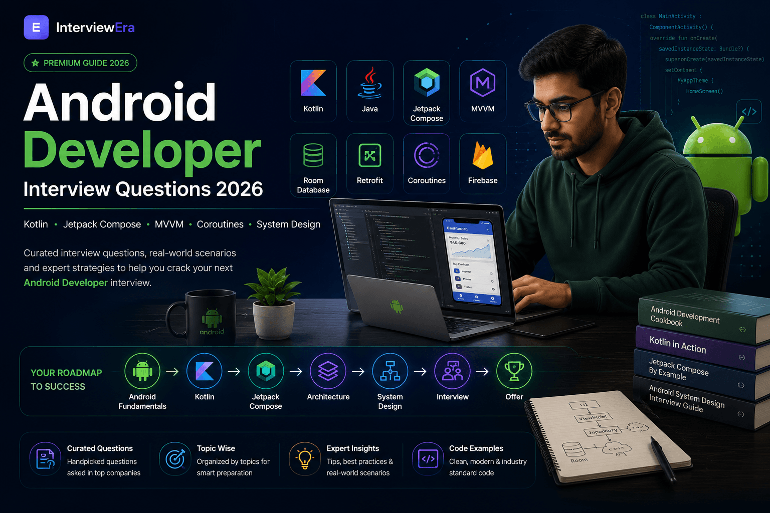 Android Developer interview preparation guide covering Kotlin, Jetpack Compose, MVVM, coroutines, system design, and hiring process for India 2026