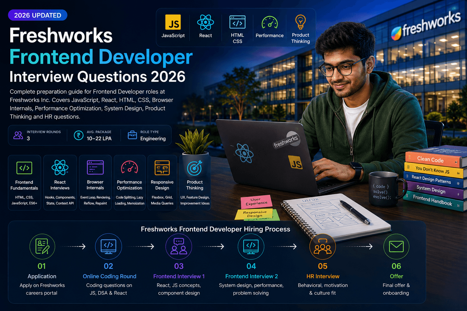 Freshworks Frontend Developer interview preparation guide covering JavaScript, React, browser internals, CSS, performance optimization, and product thinking