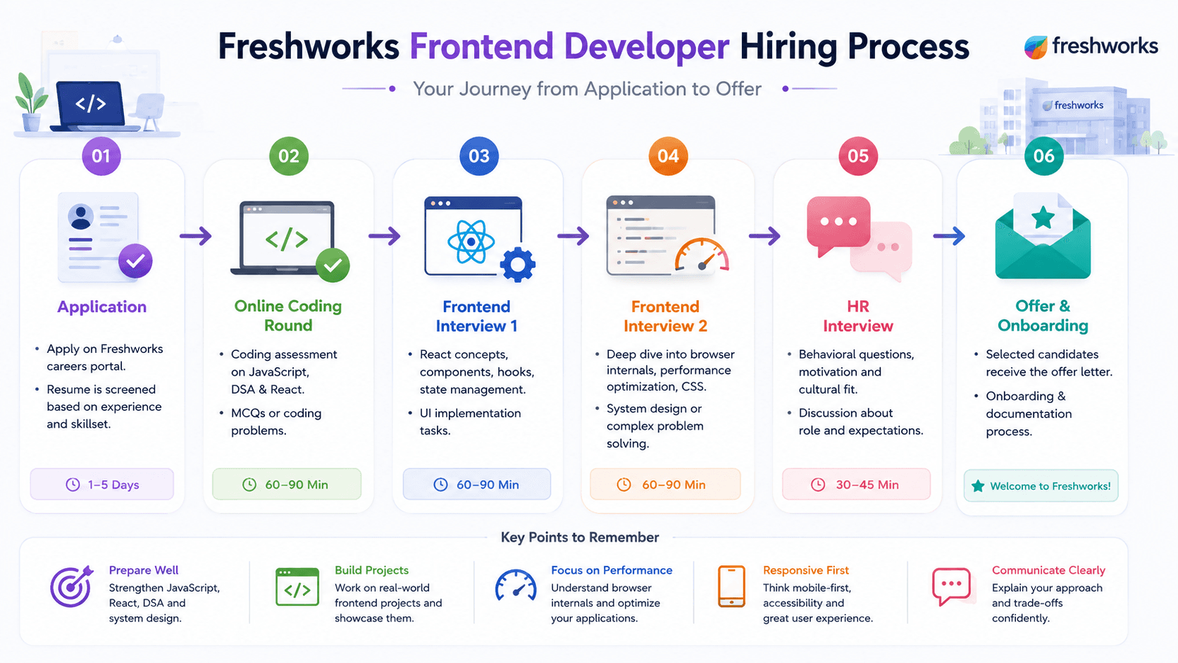 Freshworks Frontend Developer hiring process flow 2026: Application, Online Coding, Frontend Round 1, Frontend Round 2, HR Interview, and Offer