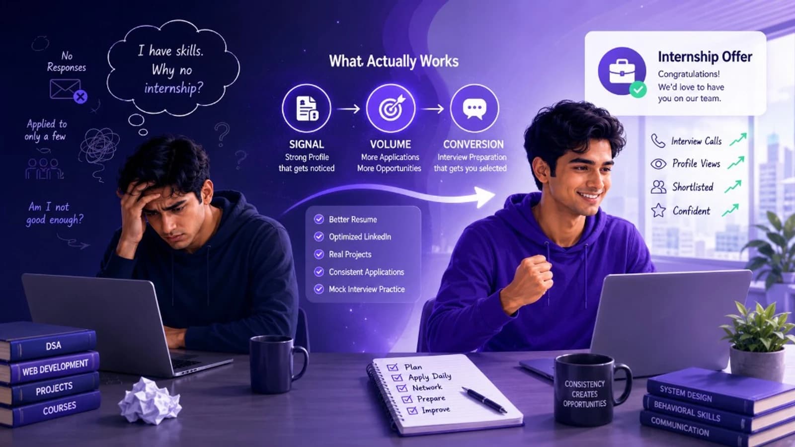 Student improving internship applications through signal, volume, and interview conversion