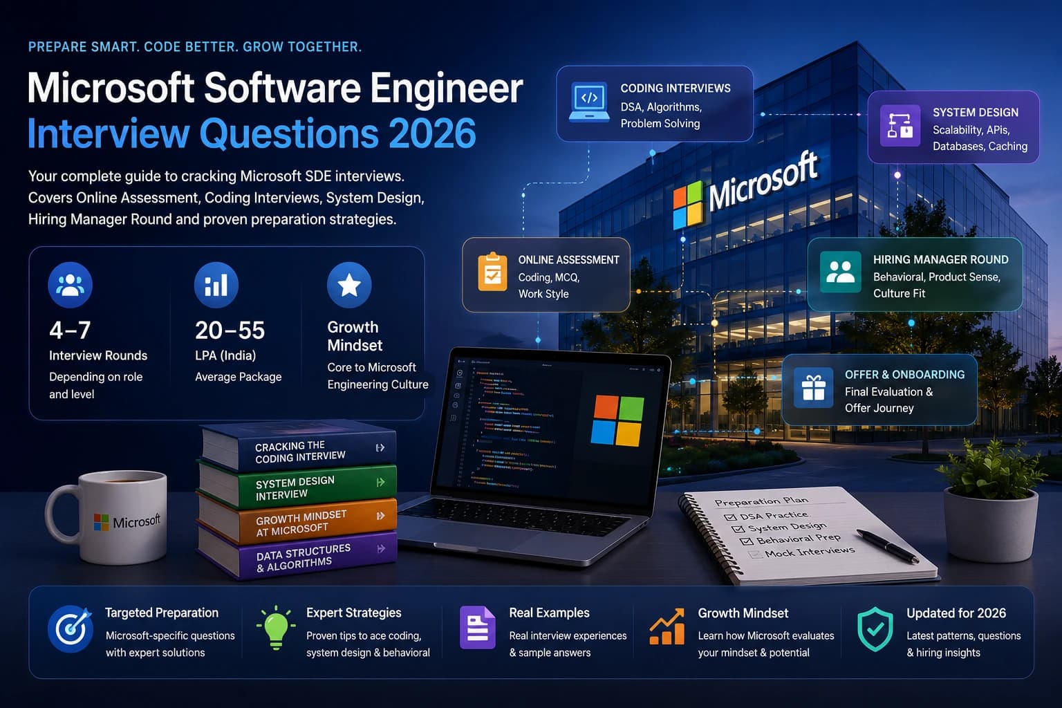 Microsoft Software Engineer interview preparation guide with top 10 curated questions — Online Assessment, Coding Interviews, System Design, Hiring Manager Round, and Growth Mindset culture