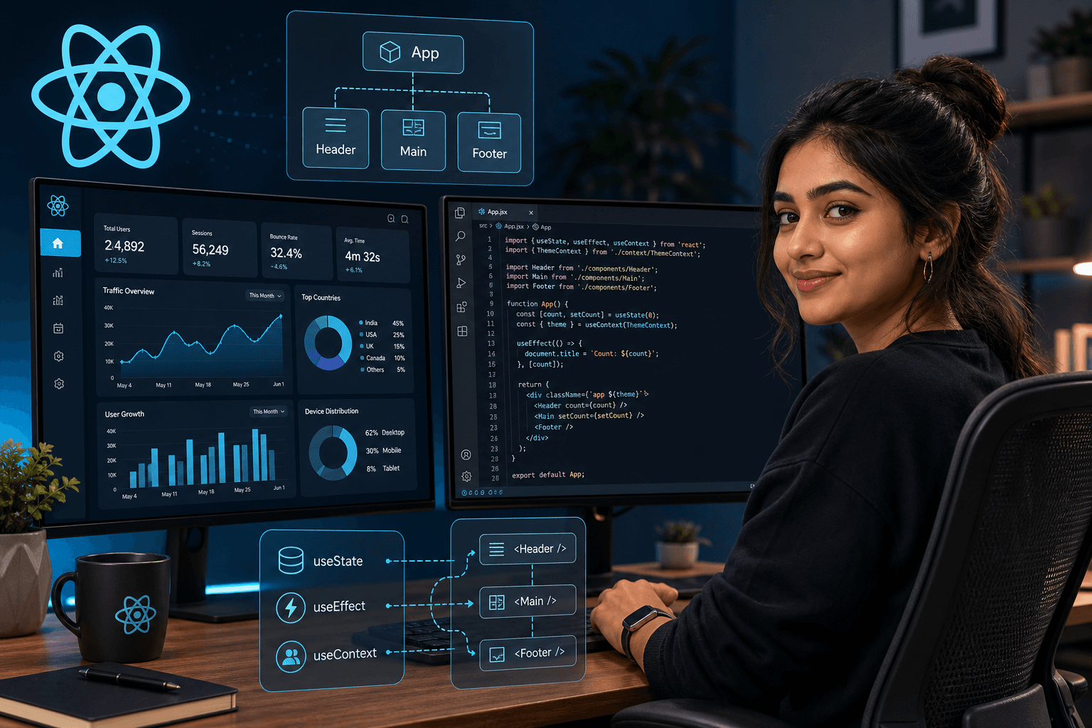 React.js interview preparation 2026 — Indian frontend developer with React dashboard, component tree, hooks visualization, React logo, and VS Code for India hiring loops