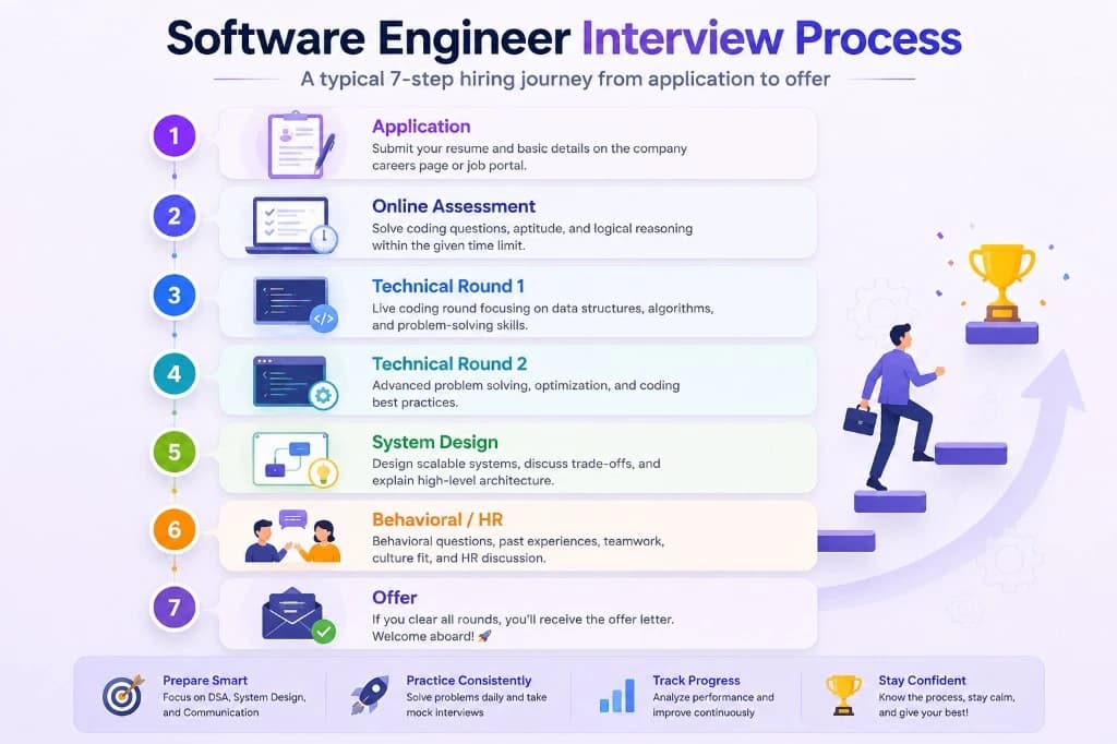 Software Engineer interview process 2026 — Application, Online Assessment, Technical Rounds 1 and 2, System Design, Behavioral HR, and Offer