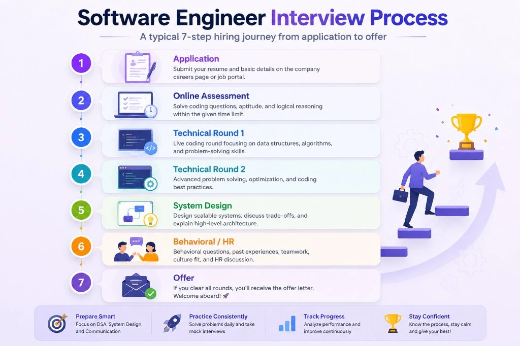 Software Engineer interview process 2026 — Application, Online Assessment, Technical Rounds 1 and 2, System Design, Behavioral HR, and Offer