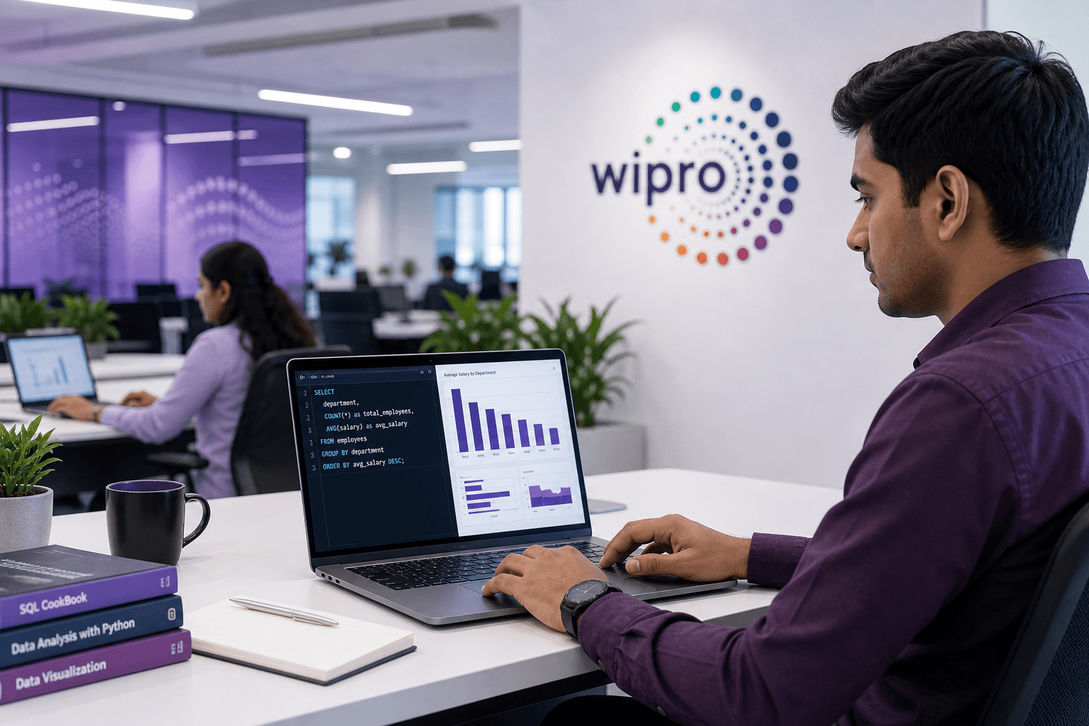 Wipro Data Analyst interview preparation guide 2026 — NLTH online test, SQL and Python technical round, case study, visualization, and HR interview for analytics roles in India