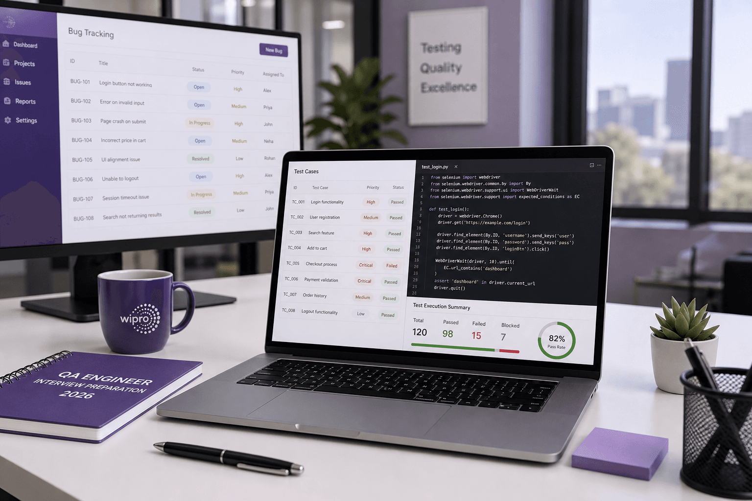 Wipro QA Engineer interview preparation guide 2026 — NLTH online test, manual and automation testing, Selenium, API testing, STLC, and HR interview for quality roles in India