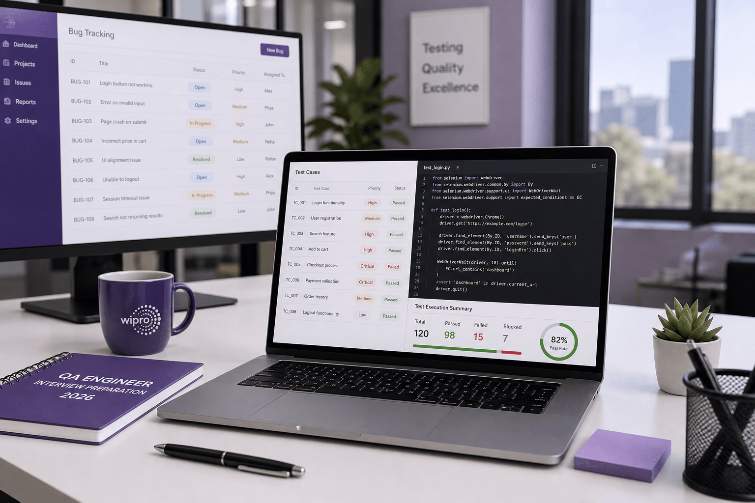 Wipro QA Engineer interview preparation guide 2026 — NLTH online test, manual and automation testing, Selenium, API testing, STLC, and HR interview for quality roles in India
