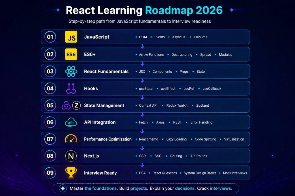 React Learning Roadmap 2026 — nine steps from JavaScript and ES6+ through React fundamentals, hooks, state management, API integration, performance, Next.js, to interview ready